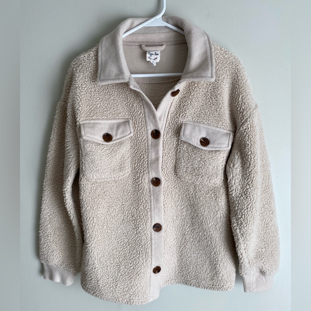Hippie Rose Fluffy Sherpa Fleece Jacket Button-Up Shacket with Pockets